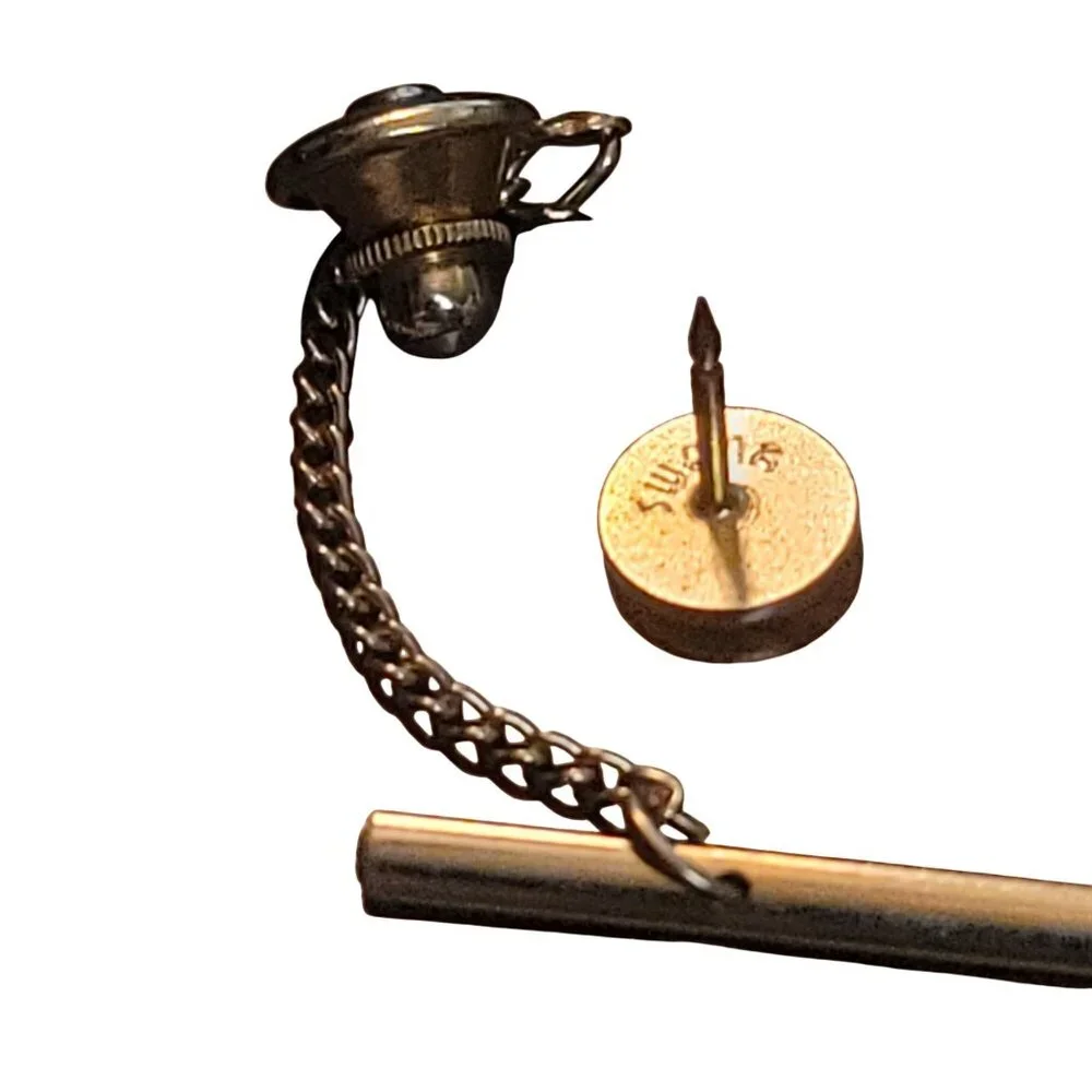 Vintage Swank Gold-Tone Button Style Tie Tack With Chain & Bar